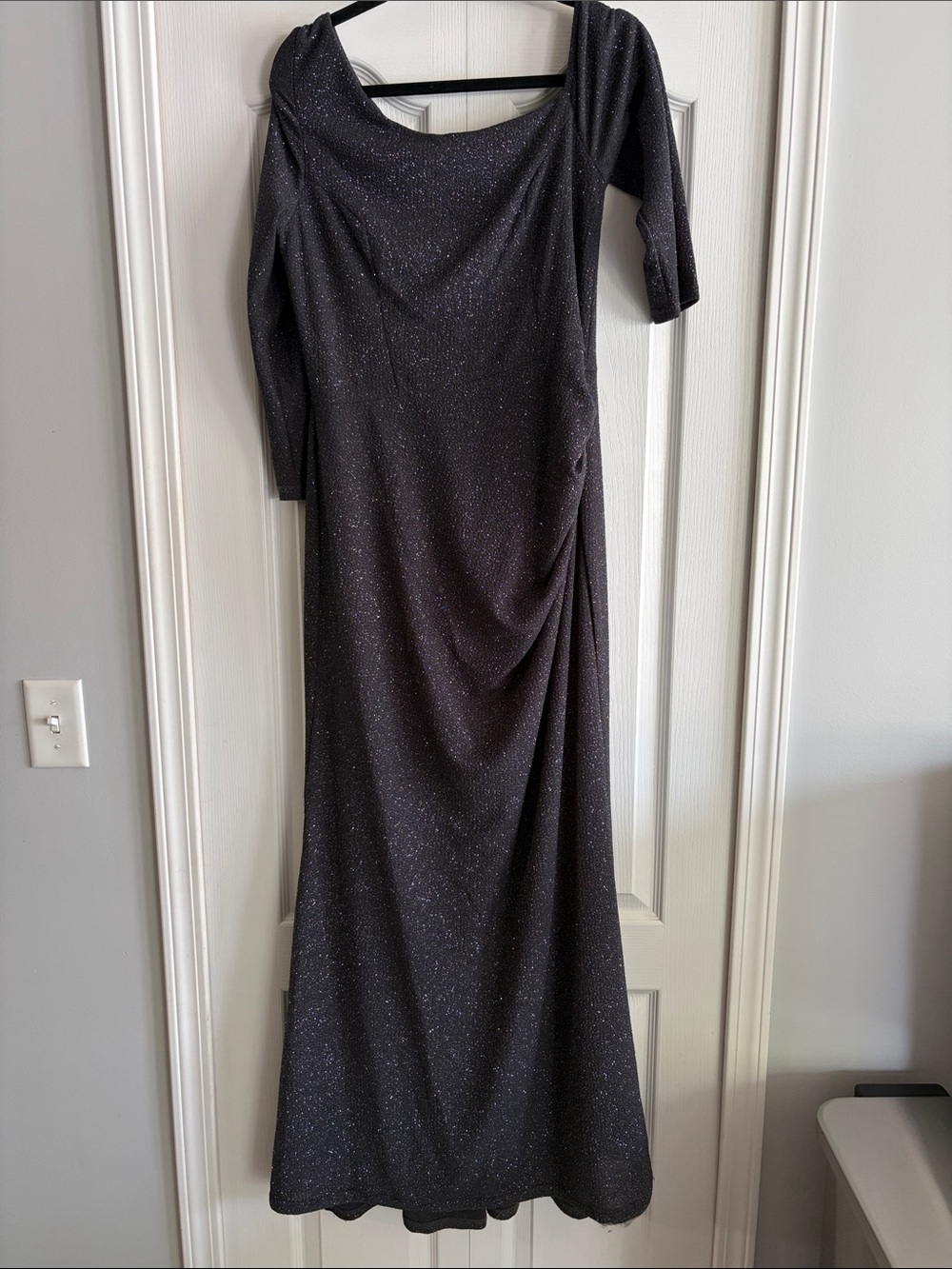 Oleg Cassini Black Sparkle One-Shoulder Evening Gown